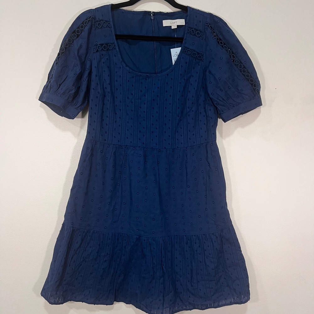 LOFT Petites Navy Blue Eyelet Tiered Mini Dress Puff Sleeve Cotton 0P New